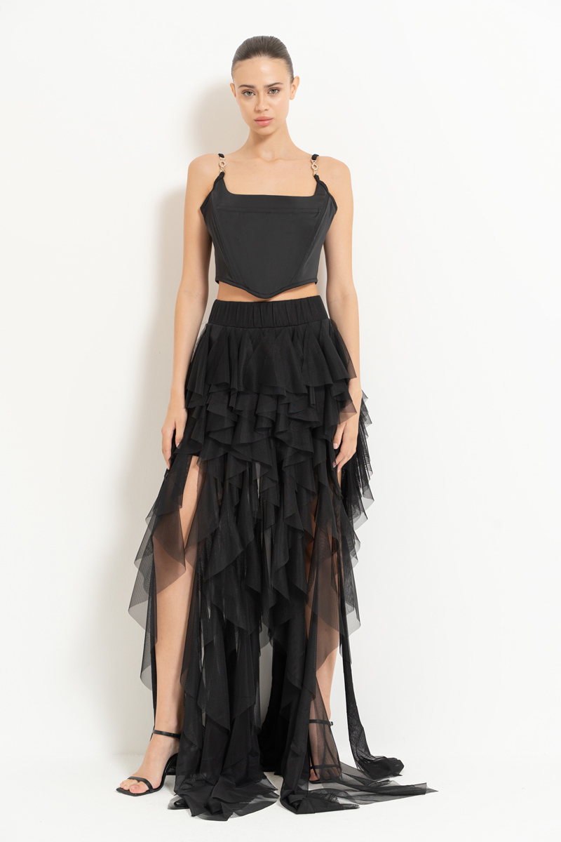 Black Tiered-Ruffle Mesh Skirt