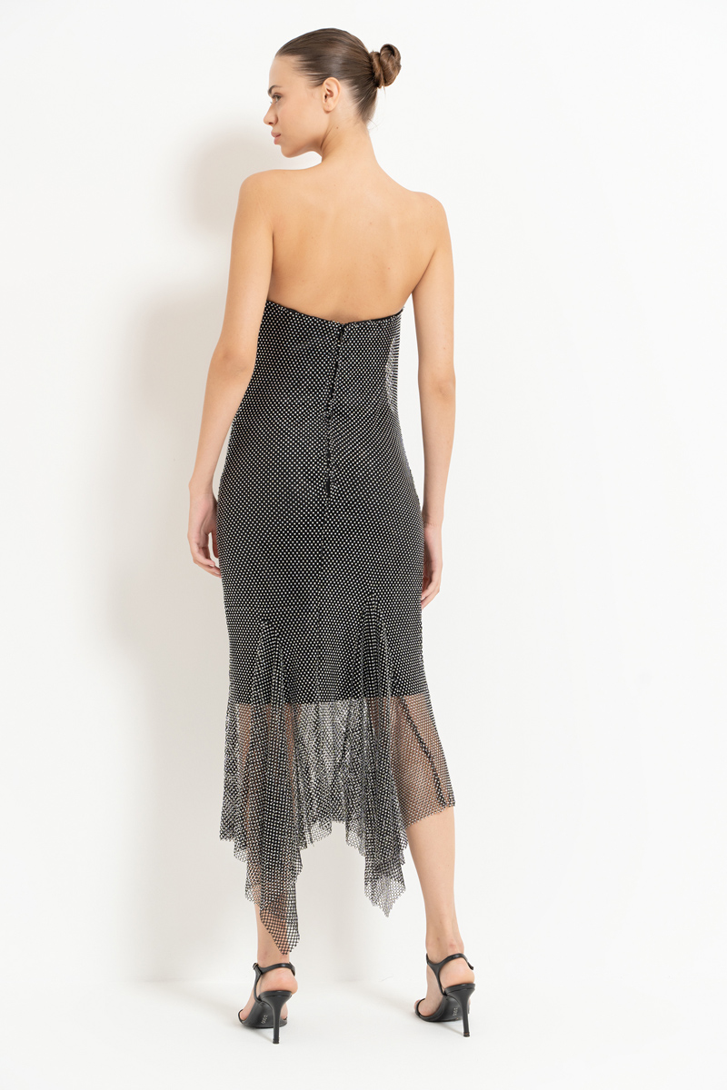 Black-Silver Embellished Net Dress with Lining