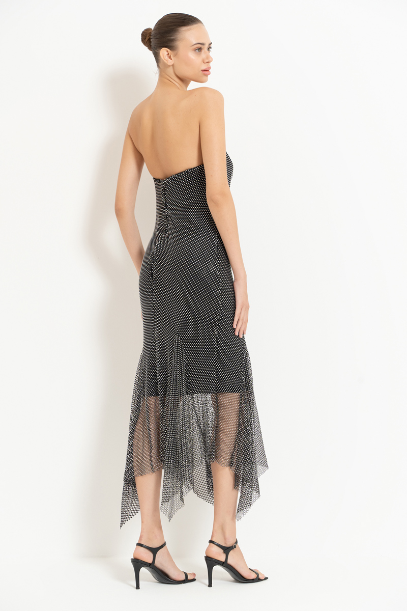 Black-Silver Embellished Net Dress with Lining