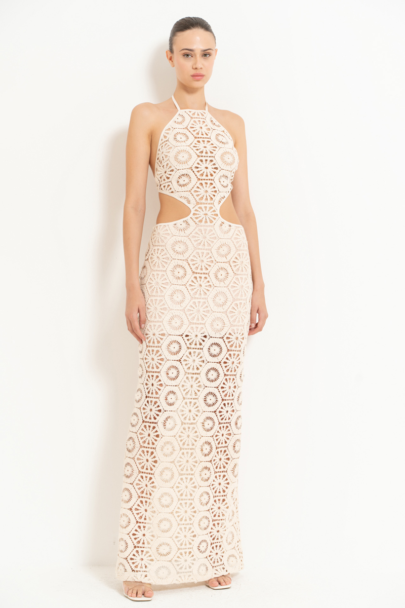 Sand Cut Out Waist Maxi Lace Dress