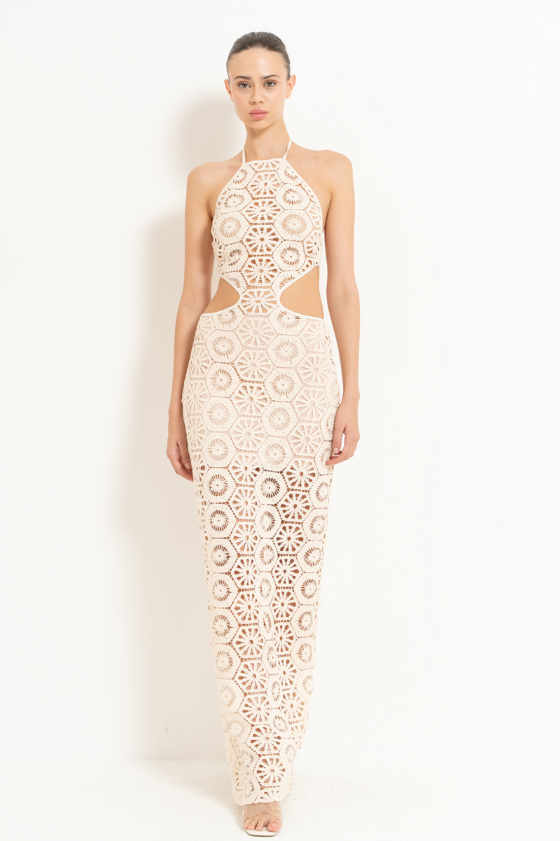 Sand Cut Out Waist Maxi Lace Dress