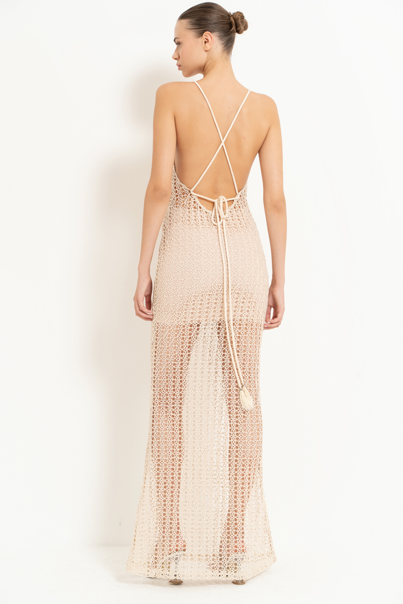 Wholesale Sand Crisscross-Back Net Maxi Dress