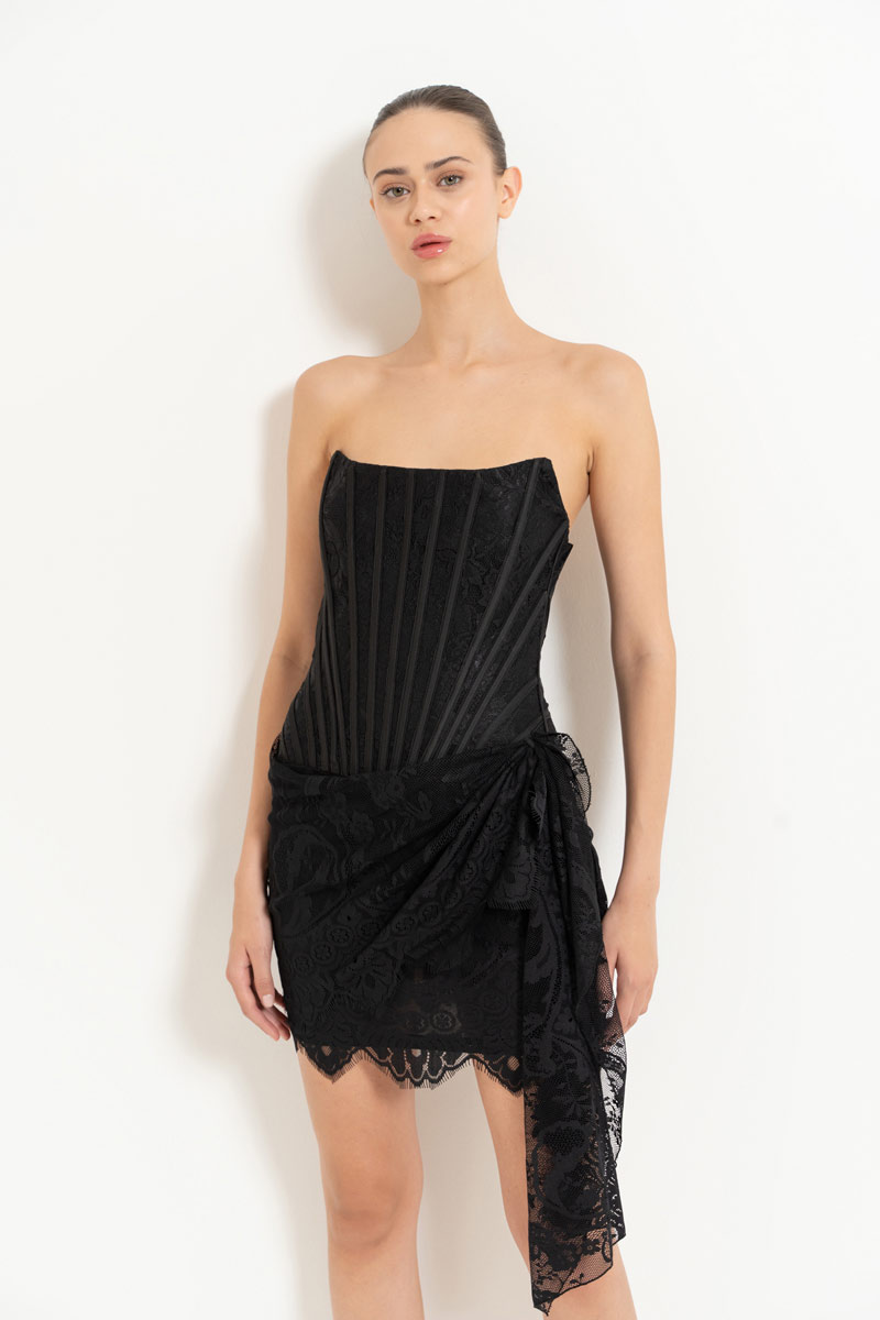 Wholesale Black Wired Lace Mini Dress