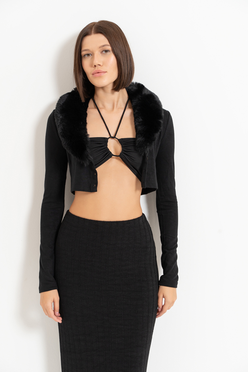 Black Faux Fur Trim Cropped Cardigan