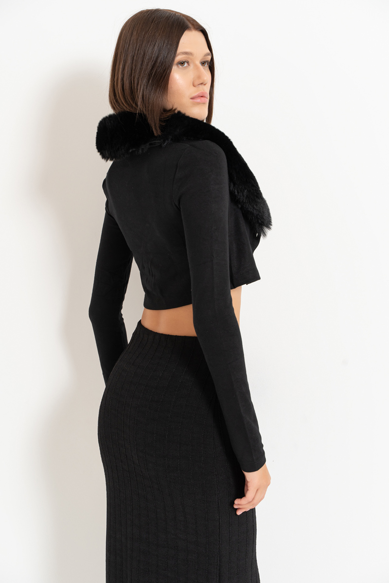 Black Faux Fur Trim Cropped Cardigan