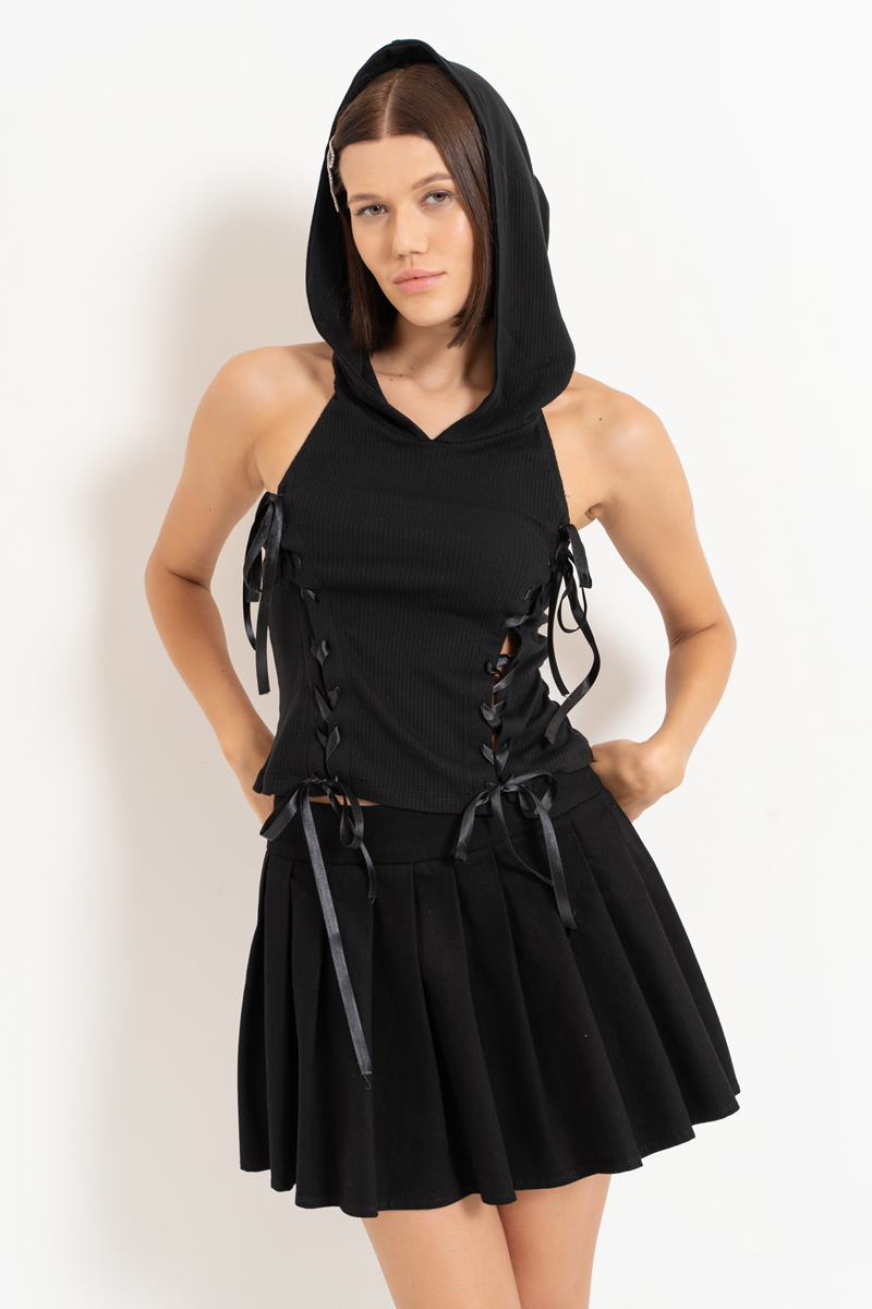 Black Ribbed Top with Ear-Accent Hood