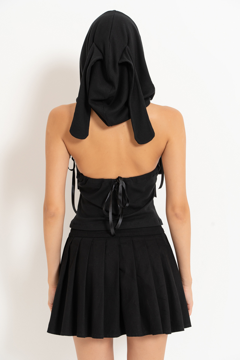 Black Ribbed Top with Ear-Accent Hood