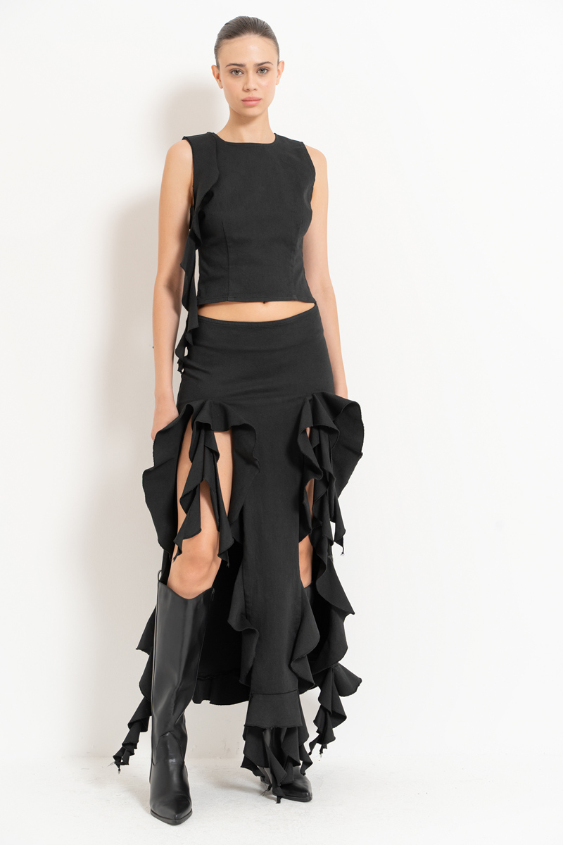 Wholesale Black Ruffle-Trim Sleeveless Top & Skirt Set