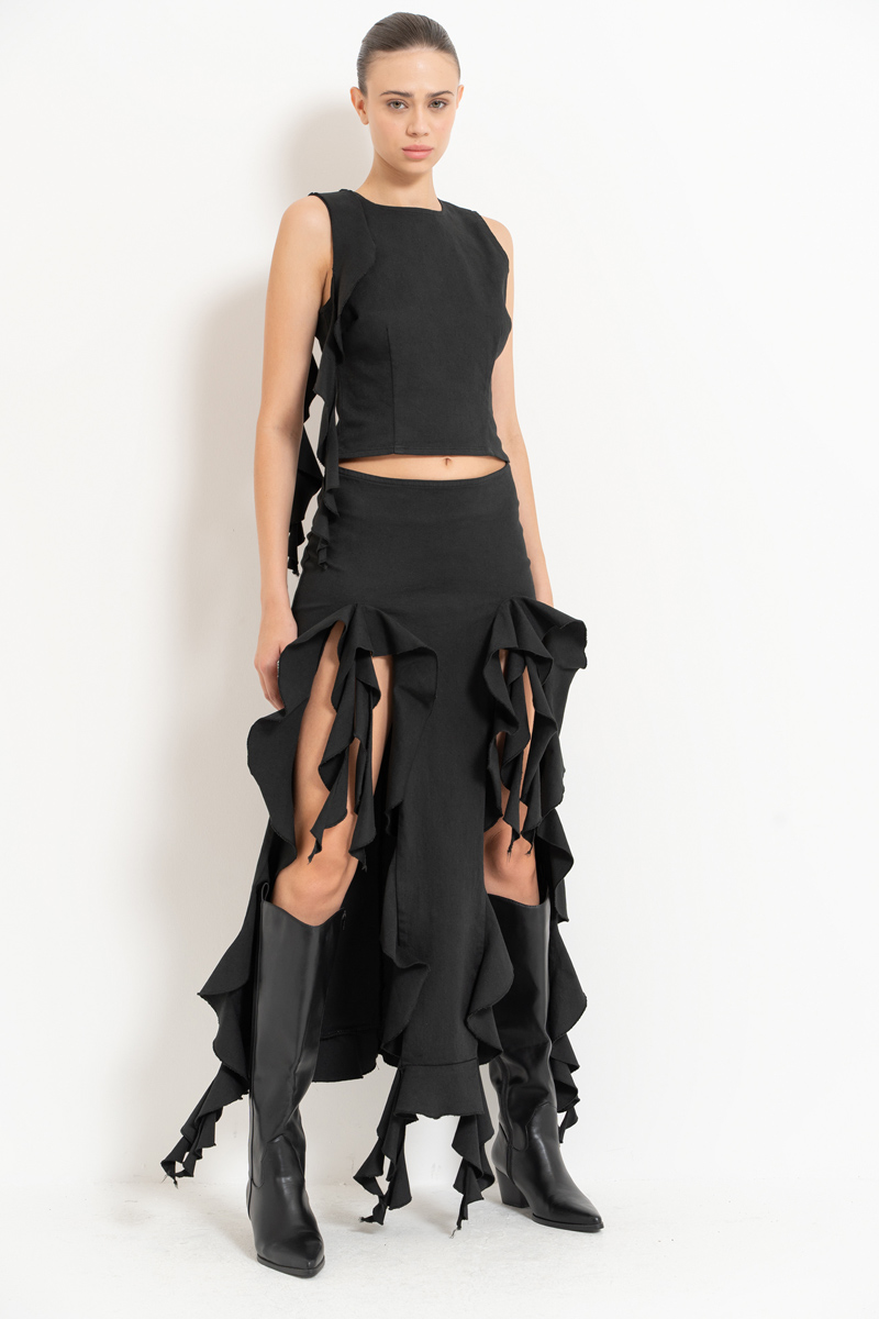 Black Ruffle-Trim Sleeveless Top & Skirt Set