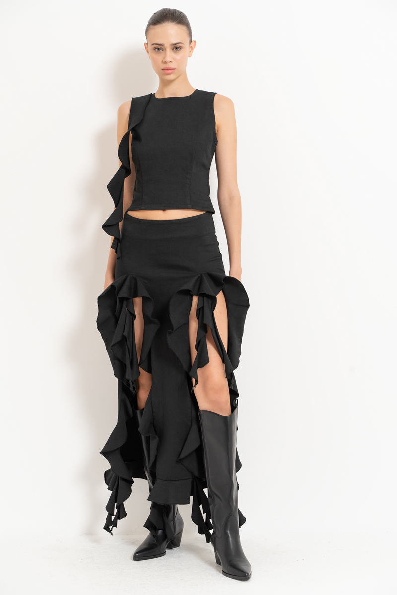 Wholesale Black Ruffle-Trim Sleeveless Top & Skirt Set