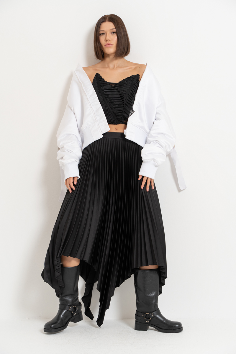 Black Pleated Asymmetric Skirt