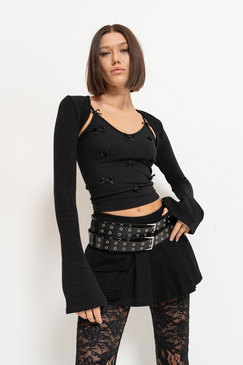 Black Pleated Denim Mini Skirt with Pocket