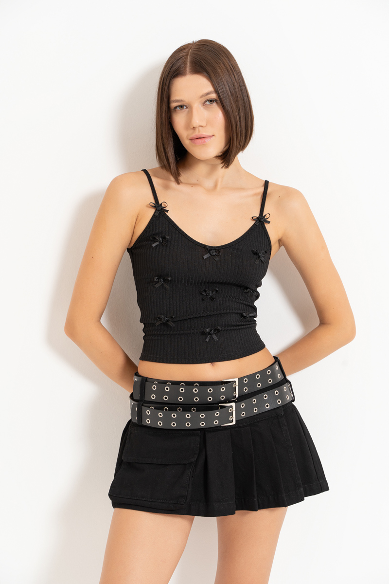 Black Pleated Denim Mini Skirt with Pocket