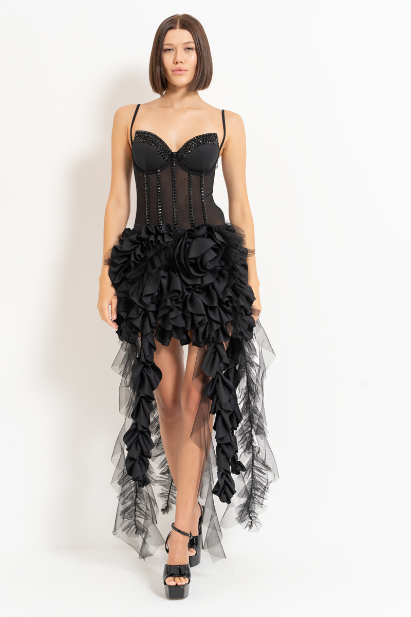 Wholesale Black Rose-Accent Ruffle-Trim Mesh Dress