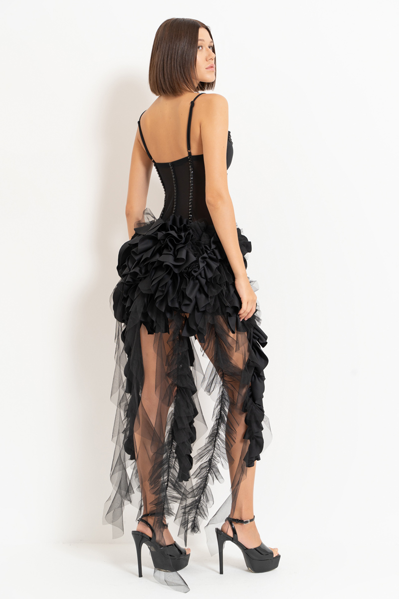 Black Rose-Accent Ruffle-Trim Mesh Dress