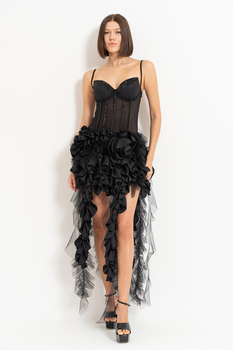 Black Rose-Accent Ruffle-Trim Mesh Dress