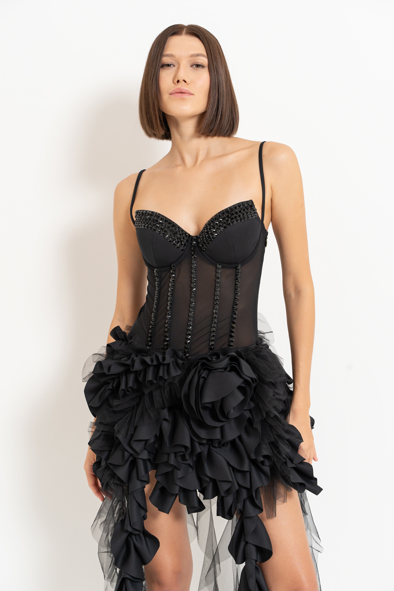 Wholesale Black Rose-Accent Ruffle-Trim Mesh Dress