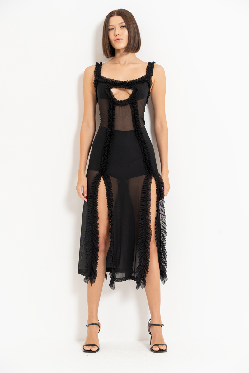 Wholesale Black Ruffle-Trim Mesh Dress