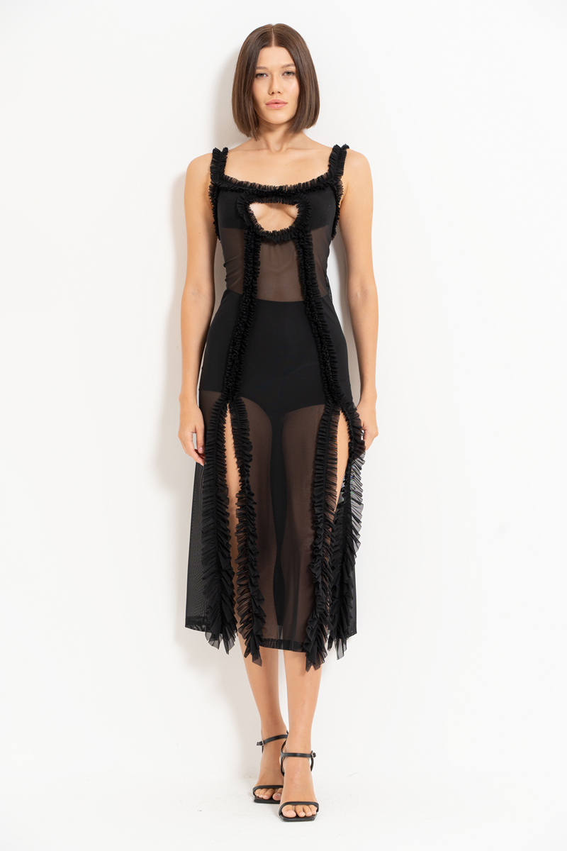 Wholesale Black Ruffle-Trim Mesh Dress