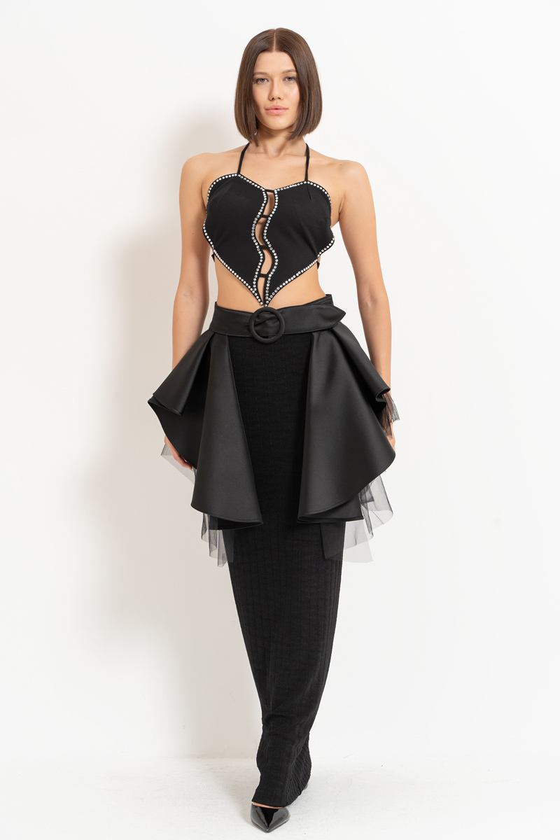 Black Mesh-Layered Peplum