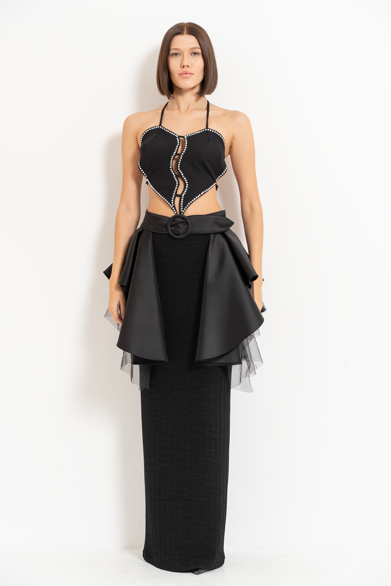 Black Mesh-Layered Peplum