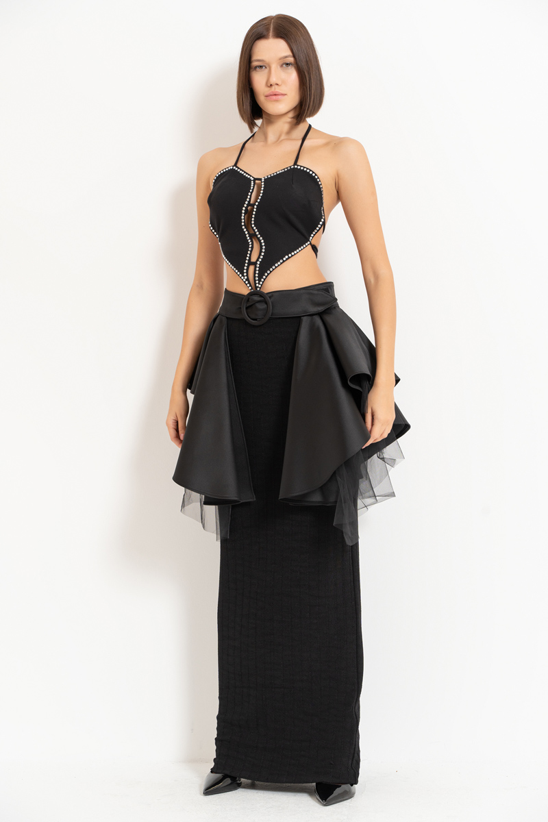 Black Mesh-Layered Peplum