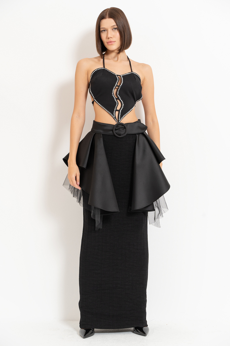 Black Mesh-Layered Peplum