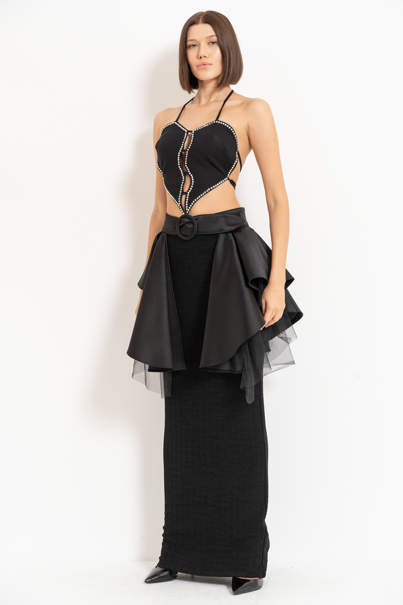 Black Mesh-Layered Peplum