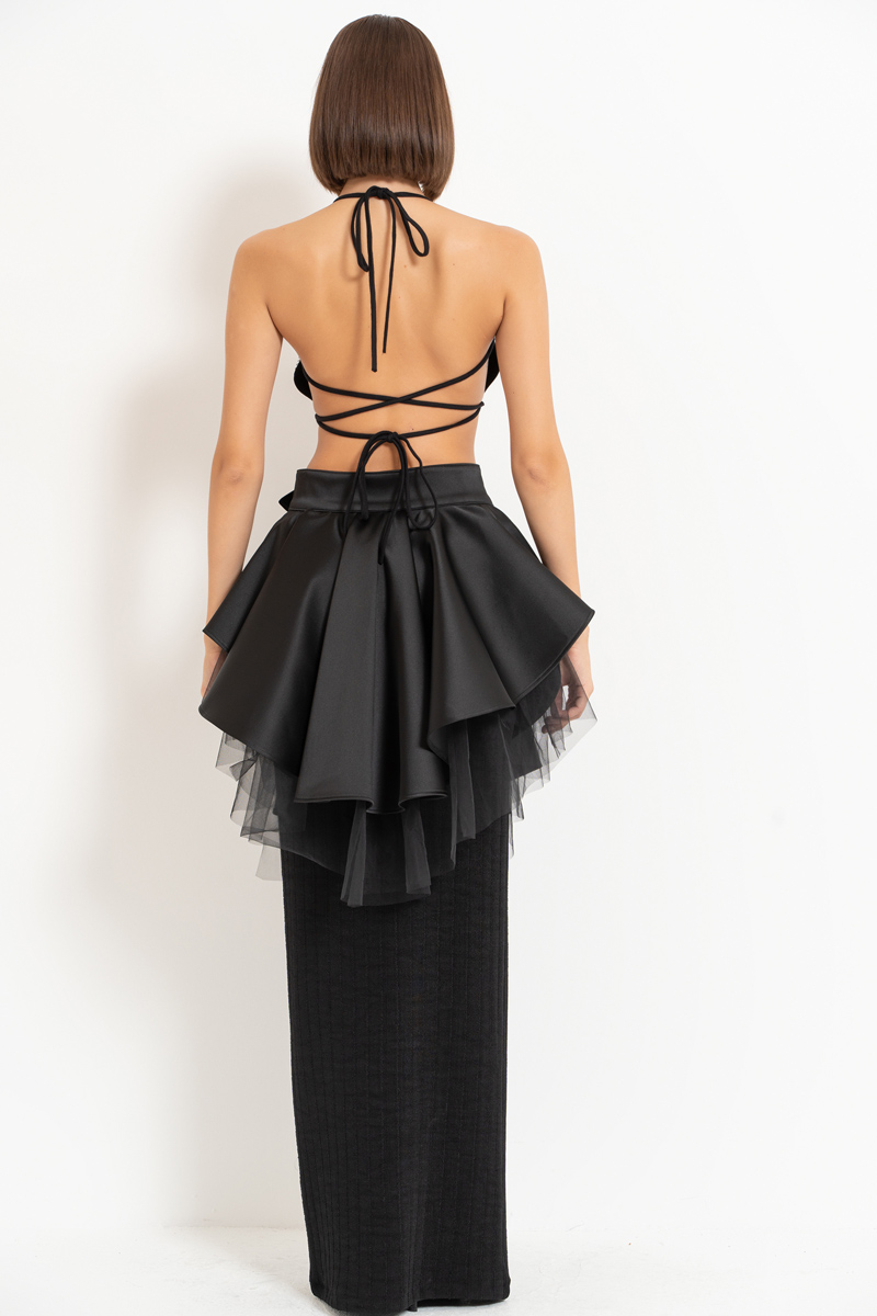 Black Mesh-Layered Peplum