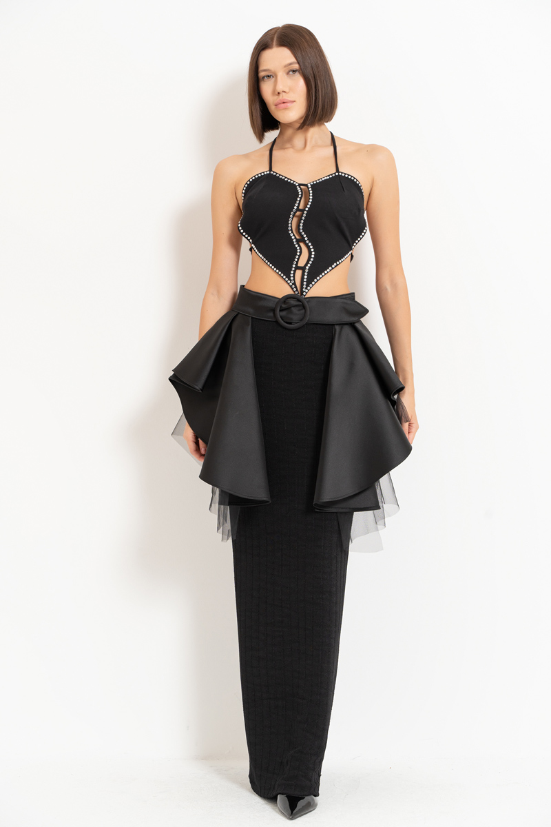 Black Mesh-Layered Peplum