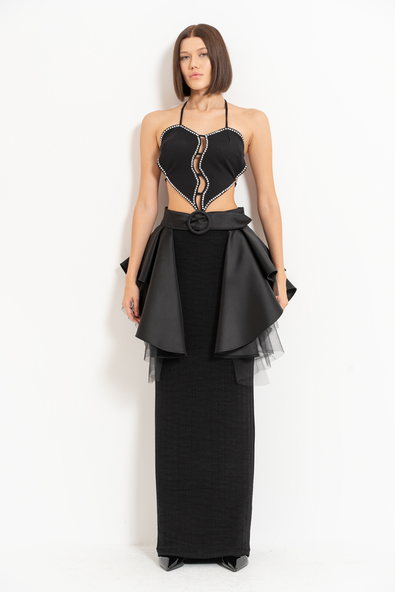 Black Mesh-Layered Peplum