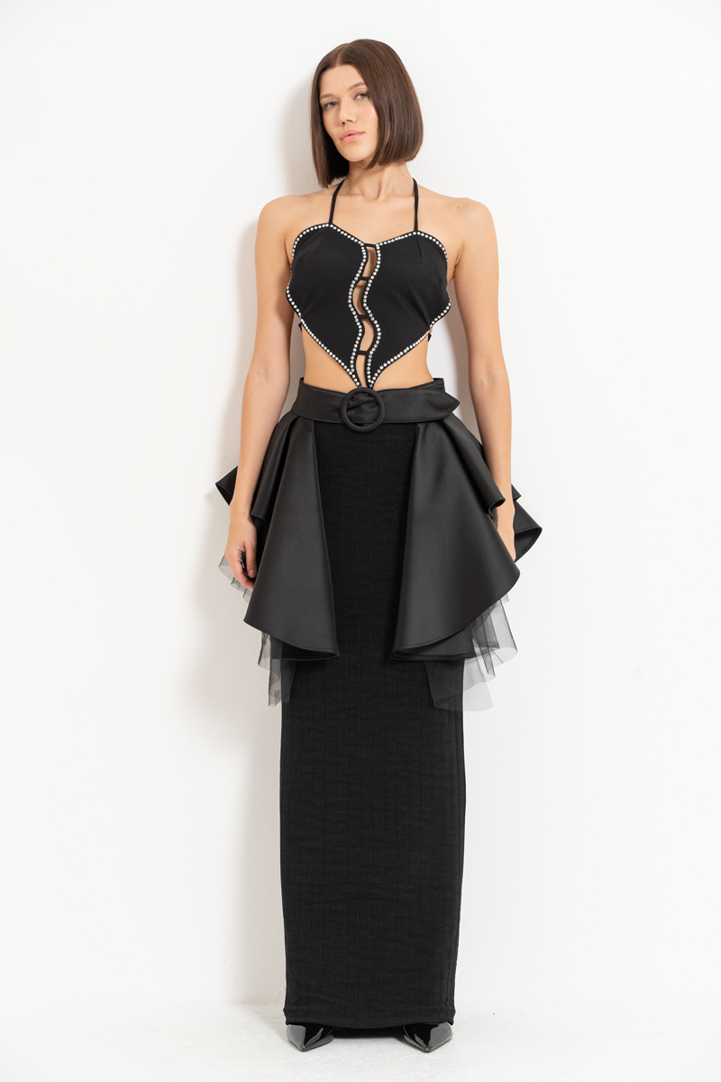 Black Mesh-Layered Peplum