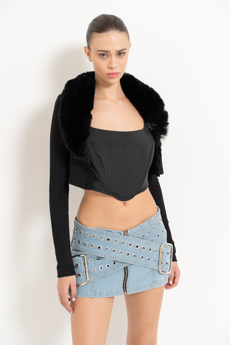 Black Faux Fur Trim Cropped Cardigan