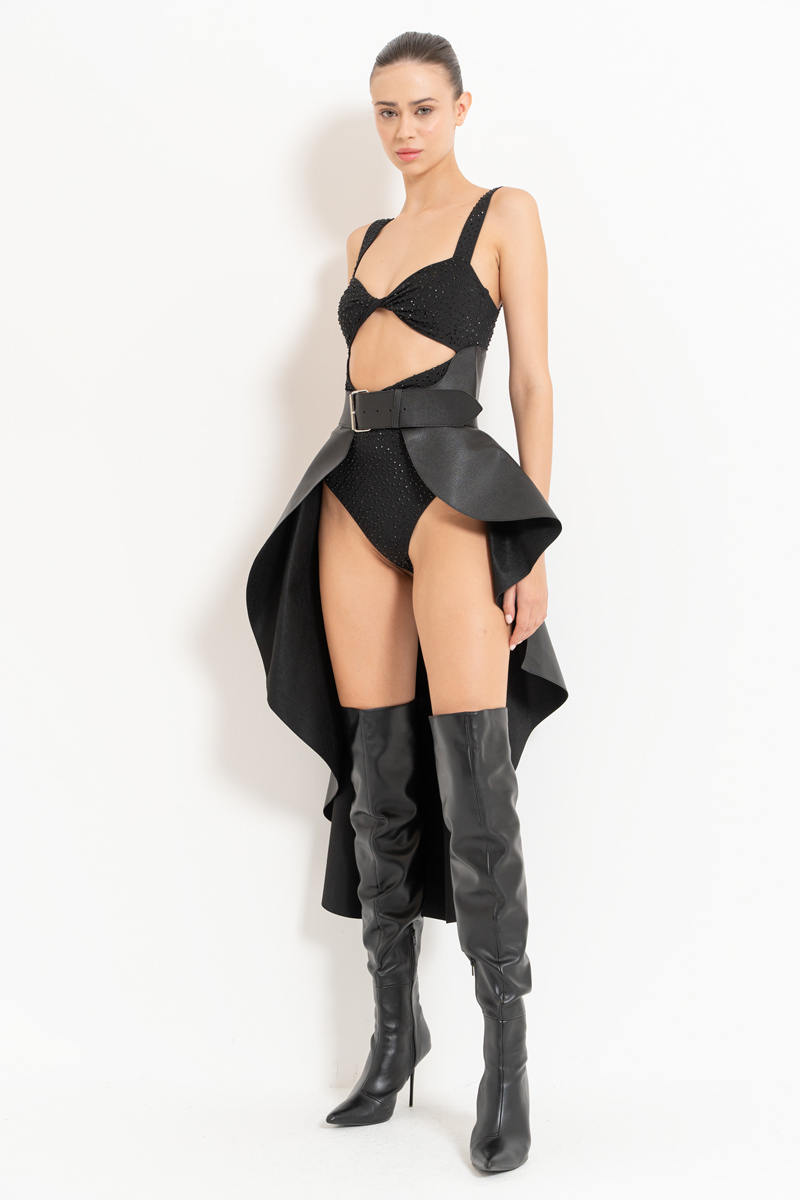 Black Embellished Cut Out Bodysuit