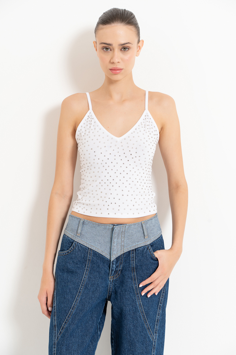 White V-Neck Embellished Cami Top