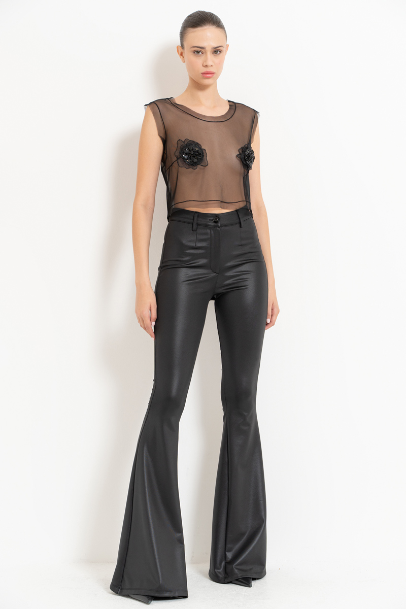 Wholesale Sheer Black Rose-Accent Top