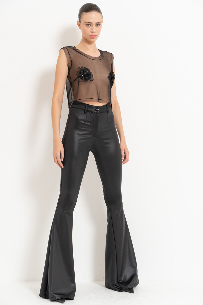 Wholesale Sheer Black Rose-Accent Top