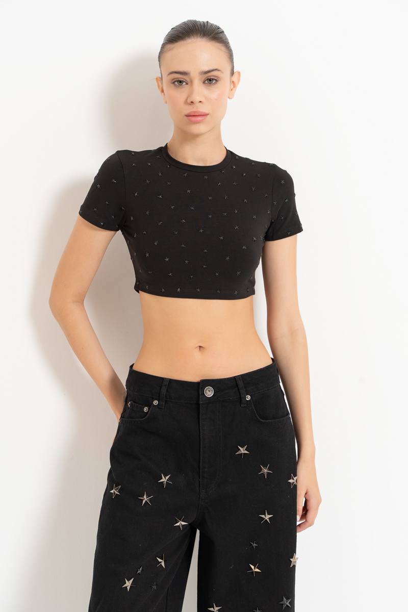 Siyah Yıldızlı Crop T-Shirt