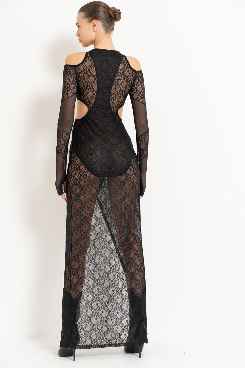 Black Cut Out Shoulder Lace Dress with Bodysuit