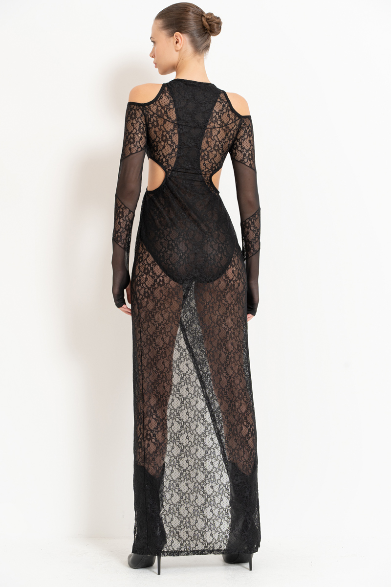 Wholesale Black Cut Out Shoulder Lace Dress with Bodysuit