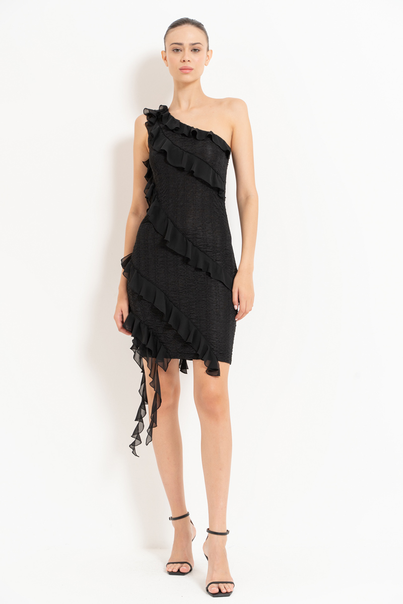 Black Ruffle-Trim One-Shoulder Dress