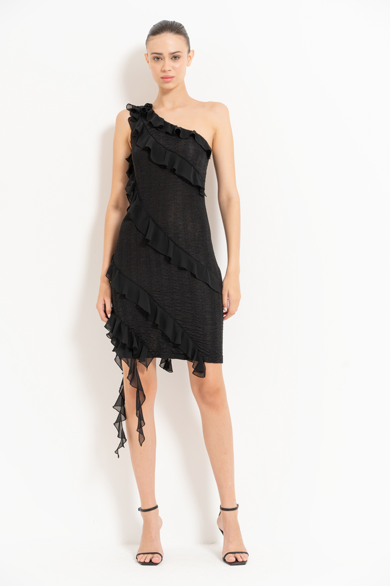 Black Ruffle-Trim One-Shoulder Dress