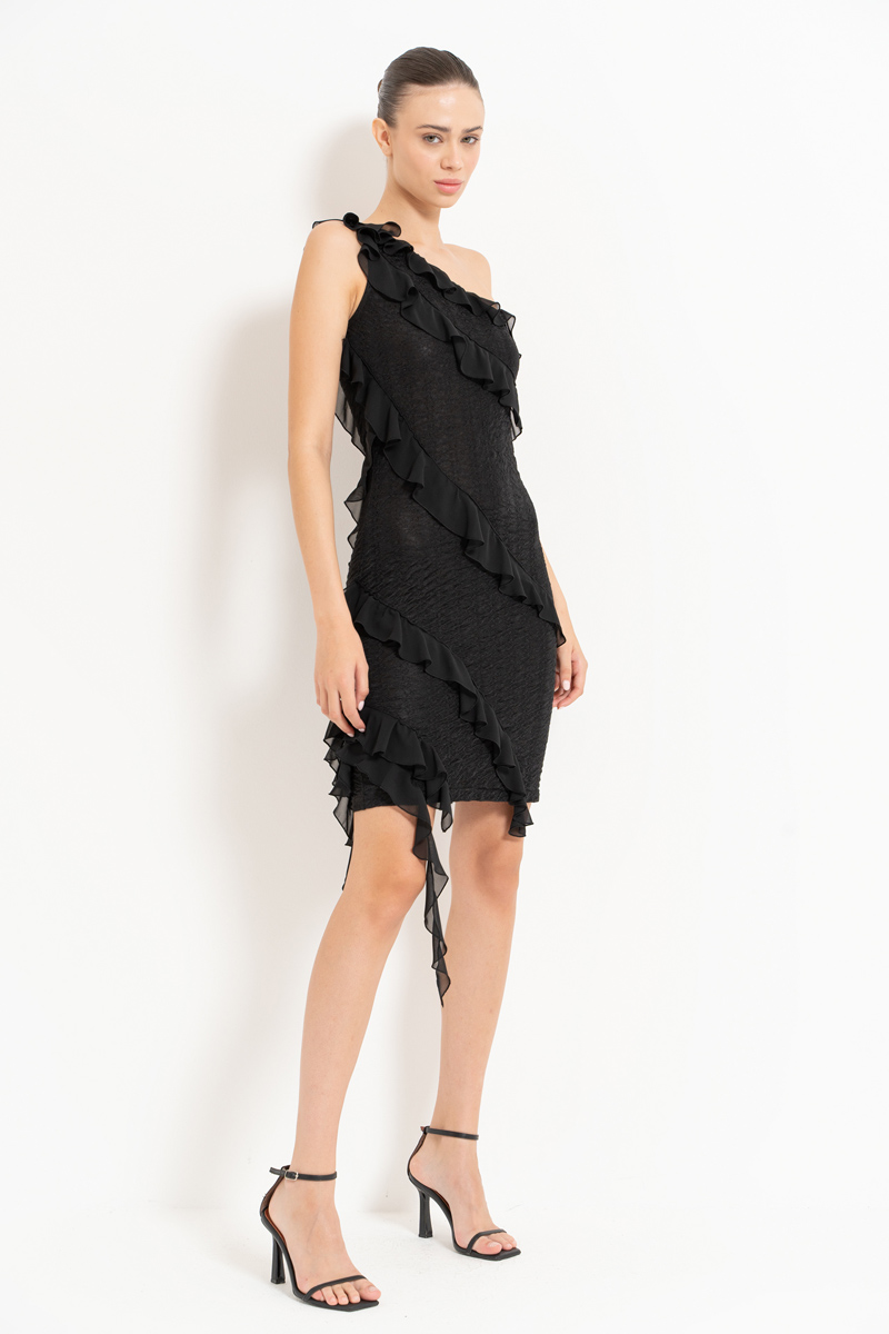 Black Ruffle-Trim One-Shoulder Dress