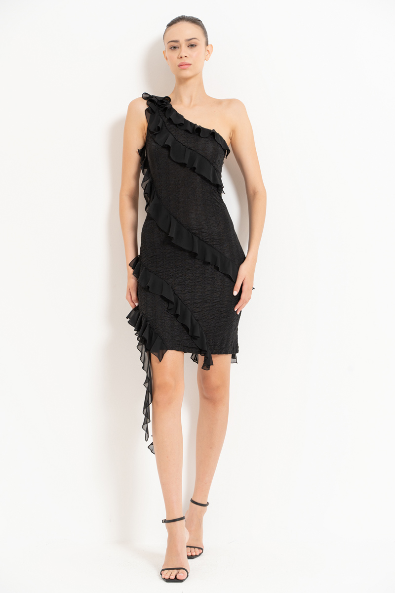 Black Ruffle-Trim One-Shoulder Dress