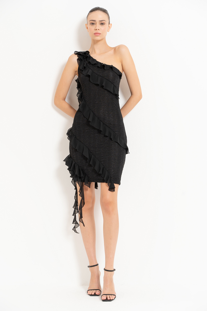 Black Ruffle-Trim One-Shoulder Dress