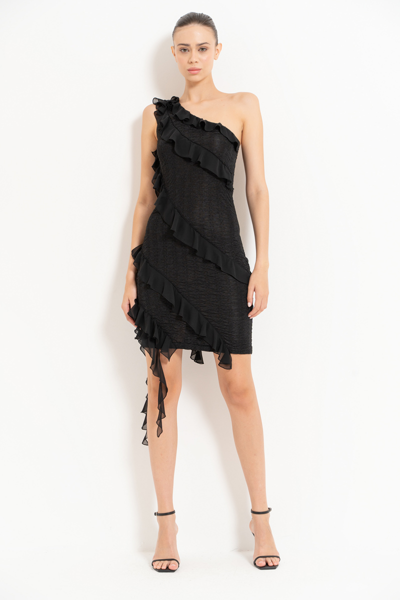 Black Ruffle-Trim One-Shoulder Dress