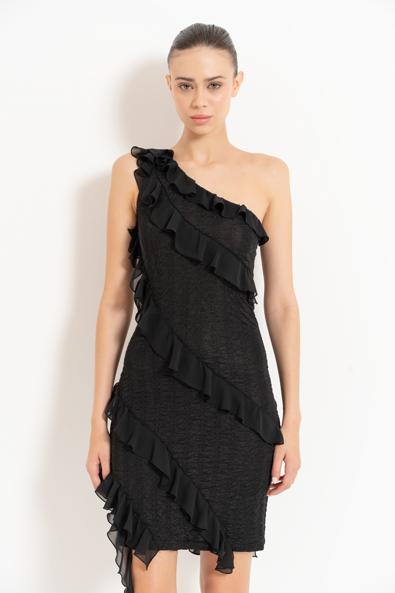 Black Ruffle-Trim One-Shoulder Dress