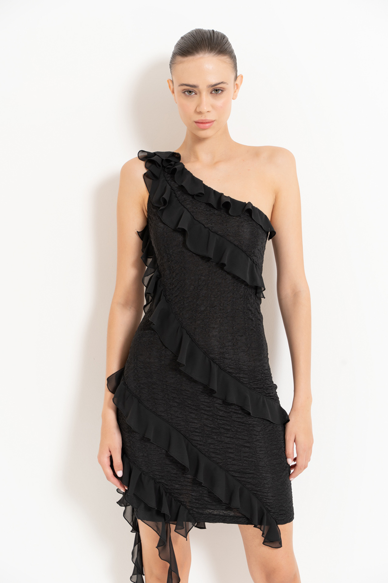 Black Ruffle-Trim One-Shoulder Dress