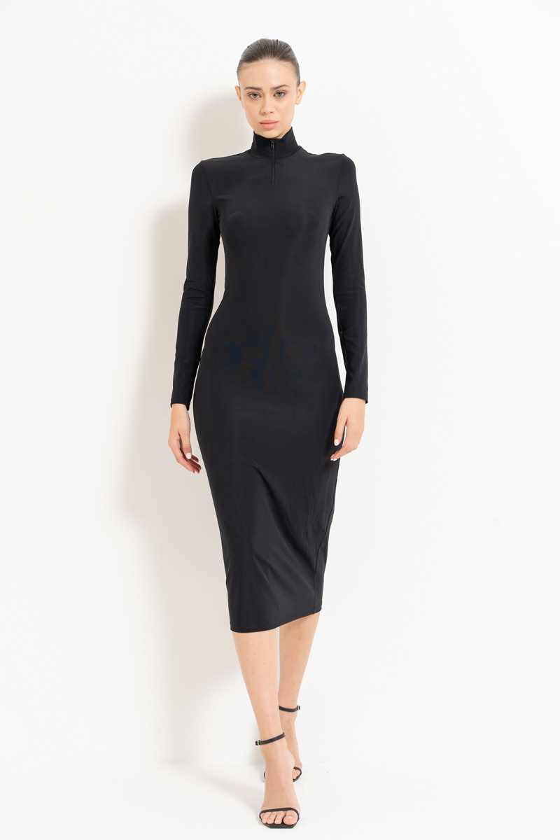 Black Zipped Mock Neck Dress