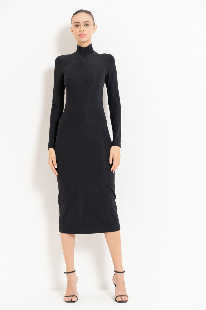 Black Zipped Mock Neck Dress